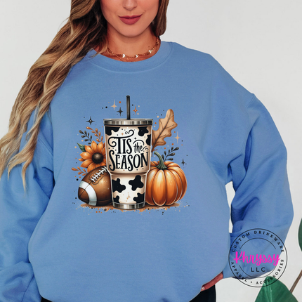 Carolina Blue crewneck sweatshirt with the Tis the Season fall tumbler graphic