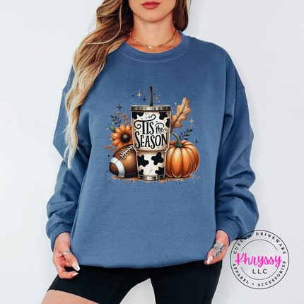 Indigo Blue crewneck sweatshirt with the fall football season tumbler graphic