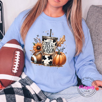 Light Blue crewneck sweatshirt with the Tis the Season fall tumbler graphic