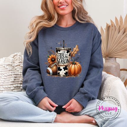 Heather Dark Navy colored crewneck sweatshirt featuring a cow print tumbler graphic.