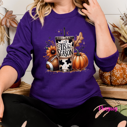 Purple crewneck sweatshirt with the Tis the Season fall tumbler graphic