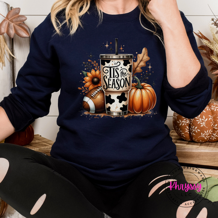 Navy crewneck sweatshirt with the fall football season tumbler graphic
