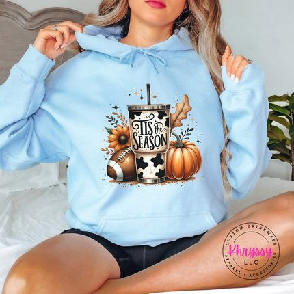Light Blue hoodie sweatshirt with the Tis the Season fall tumbler graphic