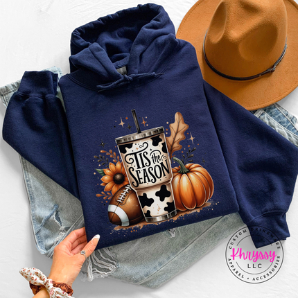 Navy hoodie sweatshirt with the fall football season tumbler graphic