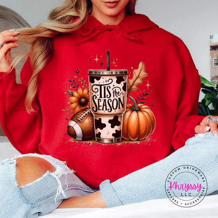 Red hoodie sweatshirt with the cow print tumbler football and pumpkin design