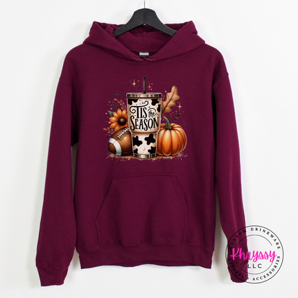 Maroon hoodie sweatshirt with the cow print tumbler football and pumpkin design