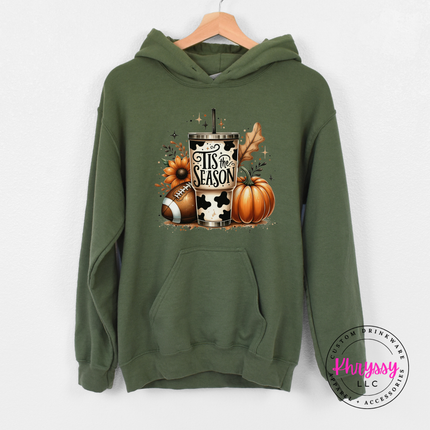 Military Green colored hoodie featuring a football and pumpkin collage print.
