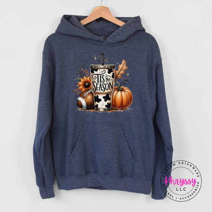 Heather navy pullover hoodie with a hand-illustrated Tis The Season graphic.