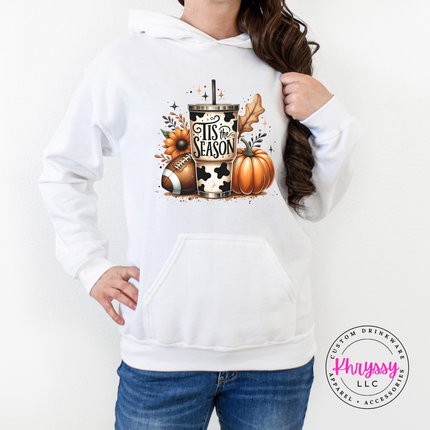 White pullover hoodie with a warm illustrated fall collage design.