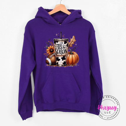 Purple hoodie with the Tis the Season fall tumbler graphic
