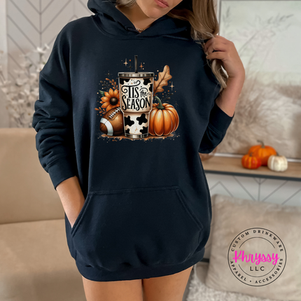 Black hoodie with the Tis the Season fall tumbler graphic
