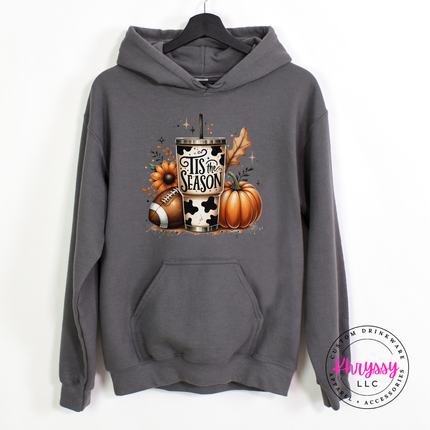 Charcoal hoodie with the tis the season sunflower and football print