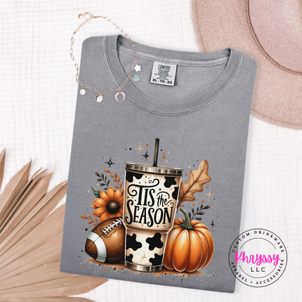 Grey  tee with the Tis the Season fall tumbler graphic