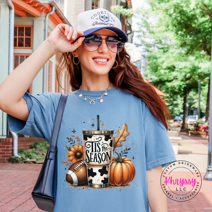 Blue Jean tee with the cow print tumbler football and pumpkin design