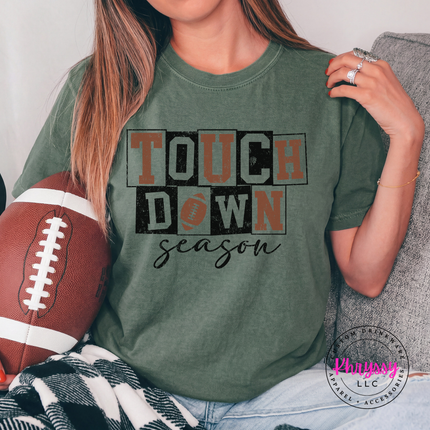 Moss tee with the game day touchdown season script graphic