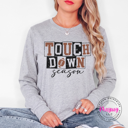 Athletic Heather long sleeve tee with the Touchdown Season football graphic
