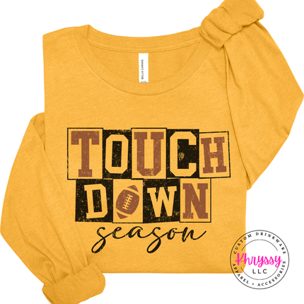Heather Mustard tee featuring retro block letters and a football icon.