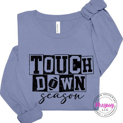 Lavender Blue long sleeve tee with the Touchdown Season football graphic