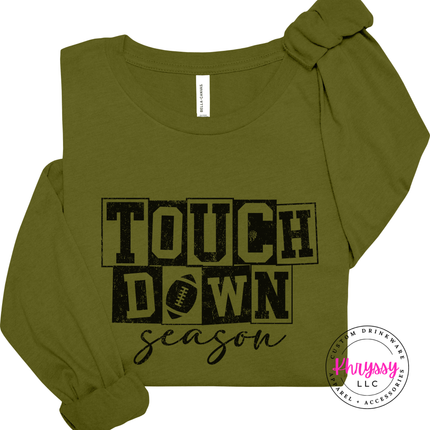 Olive long sleeve tee with the Touchdown Season football graphic