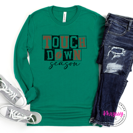 Kelly long sleeve tee with the game day touchdown season script graphic
