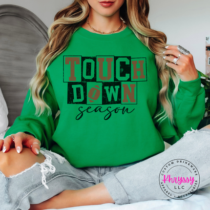 Irish Green crewneck sweatshirt with the football season block letter print
