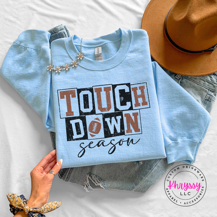 Light Blue crewneck sweatshirt with the game day touchdown season script graphic