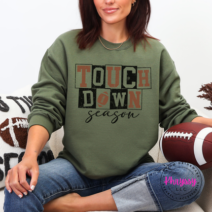 Military Green crewneck sweatshirt with the distressed touchdown season football design