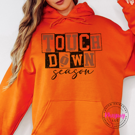 Orange hoodie with the game day touchdown season script graphic