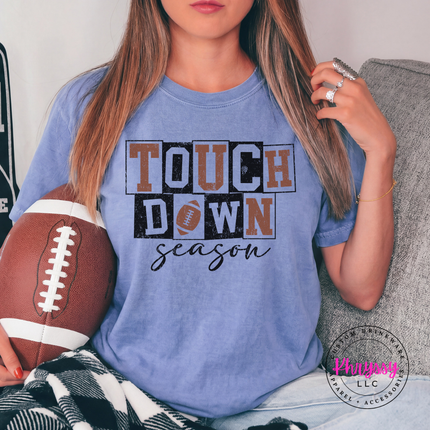 Blue Jean tee with the Touchdown Season football graphic