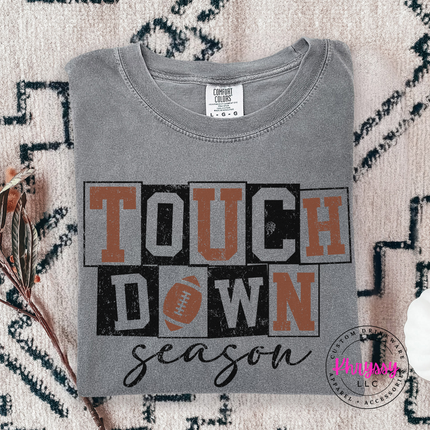 Gray tee with the football season block letter print