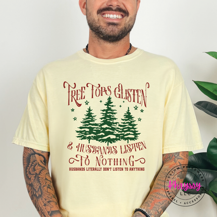 Butter tee featuring pine trees and funny husband lettering.