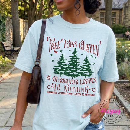Model wearing the funny wife Christmas tee in Chambray.