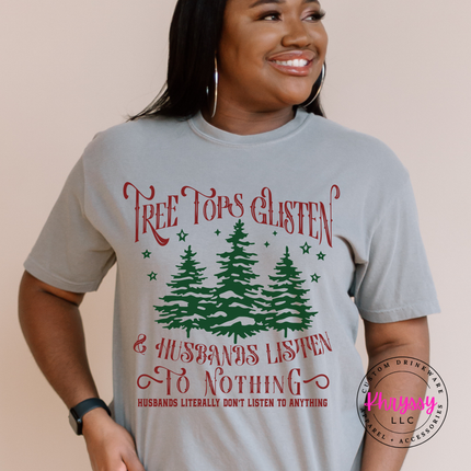 Close up of the funny wife Christmas art on a Gray tee.