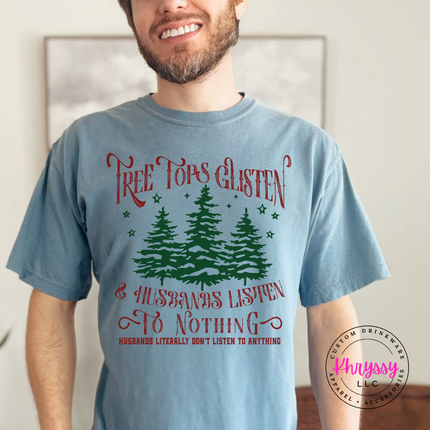 Man wearning the funny wife Christmas Christmas tee in Ice Blue.
