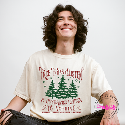 Ivory tee featuring pine trees and funny husband lettering.
