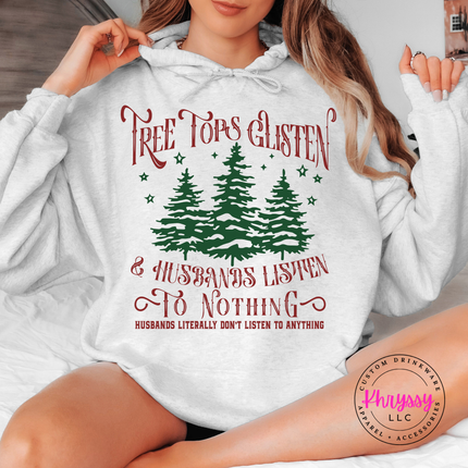 Ash hoodie featuring pine trees and funny husband lettering.