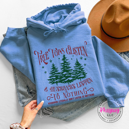 Model wearing the funny wife Christmas hoodie in Carolina Blue.
