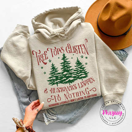 Sand hoodie featuring pine trees and funny husband lettering.