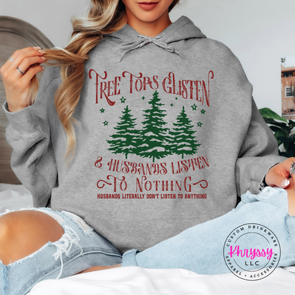 Model wearing the funny wife Christmas hoodie in Sport Gray.