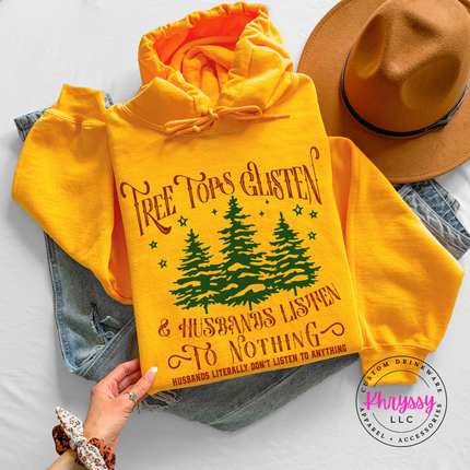 Close up of the funny wife Christmas art on a Gold hoodie.