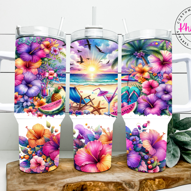 Tropical Beach & Floral 40oz Insulated Tumbler ⎸ Large Reusable Vacation Drinkware