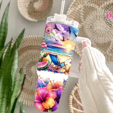 Tropical Beach & Floral 40oz Insulated Tumbler ⎸ Large Reusable Vacation Drinkware