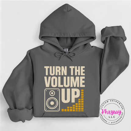 Gray hoodie with 'Turn the Volume Up' text and graphic on a white background