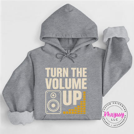 Gray hoodie with 'Turn the Volume Up' text and graphic on a white background