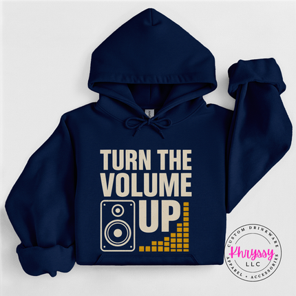 Navy blue hoodie with 'Turn the Volume Up' text and graphic on a white background