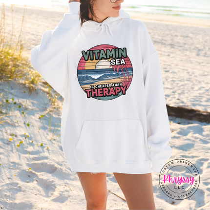 White Gildan hoodie with a retro Vitamin Sea beach print.
