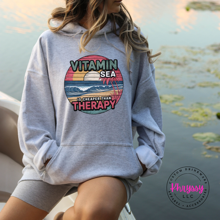Sport gray beach hoodie with a vintage Vitamin Sea therapy graphic.