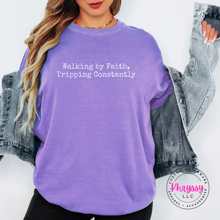 Violet tee with the tripping constantly faith humor typewriter text