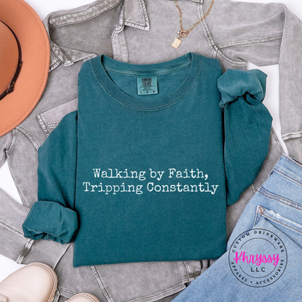 Blue Spruce long sleeve tee with the tripping constantly faith humor typewriter text