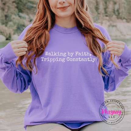 Violet long sleeve tee with the tripping constantly faith humor typewriter text